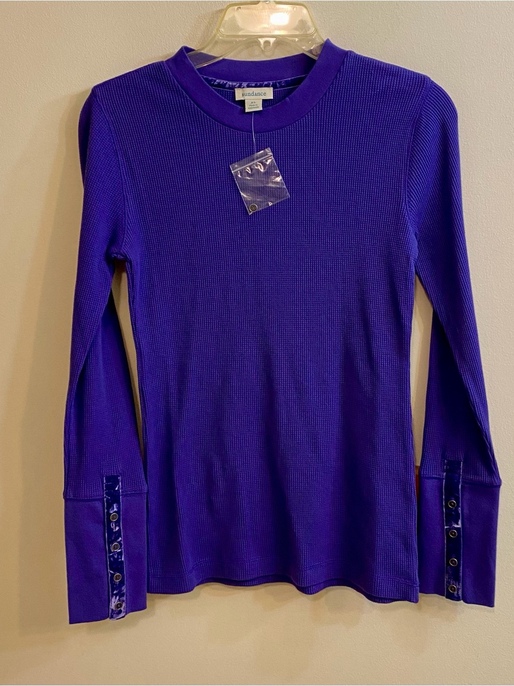 Sundance Crewneck Waffle Thermal Top XS Velvet Buttons Purple Boho Layering NWOT